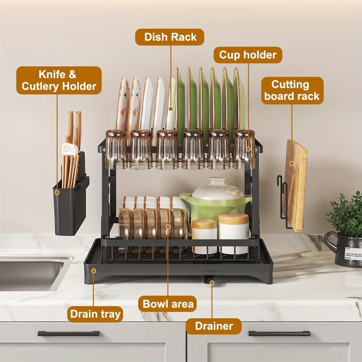 1pc Large Capacity 2-Tier Dish Drying Rack with Drainboard, Double-Layer Bowl & Cup Rack, Detachable Over The Sink Organizer for Kitchen Counter, Black & White - Ideal for Plates, Bowls, Cups & Cutlery Storage, Dish Drying Rack