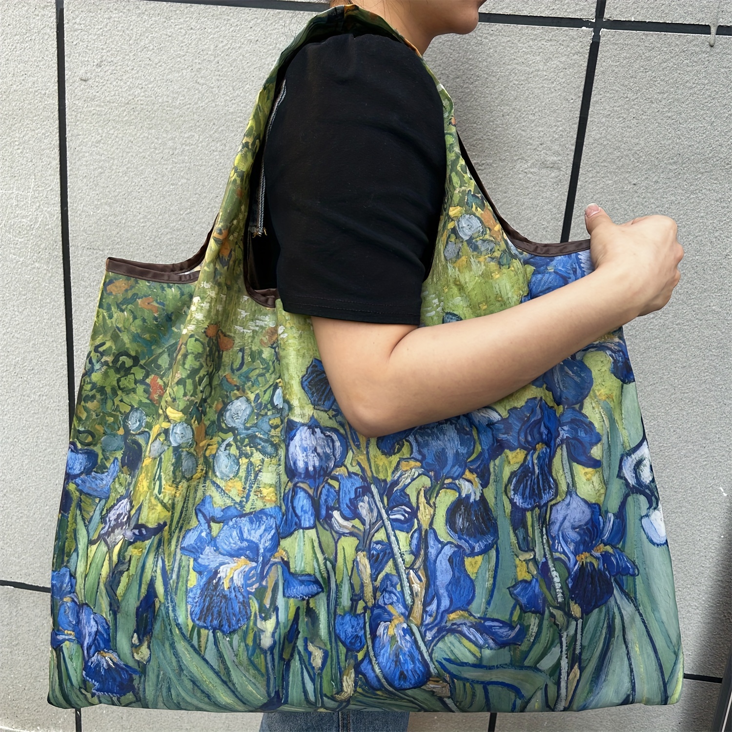 Chic Oil Painting Design Reusable Tote Bag - Durable, Foldable & Washable Nylon Shopping Bag with Large Capacity for Women - Perfect for Supermarket, Kitchen & Dining Essentials