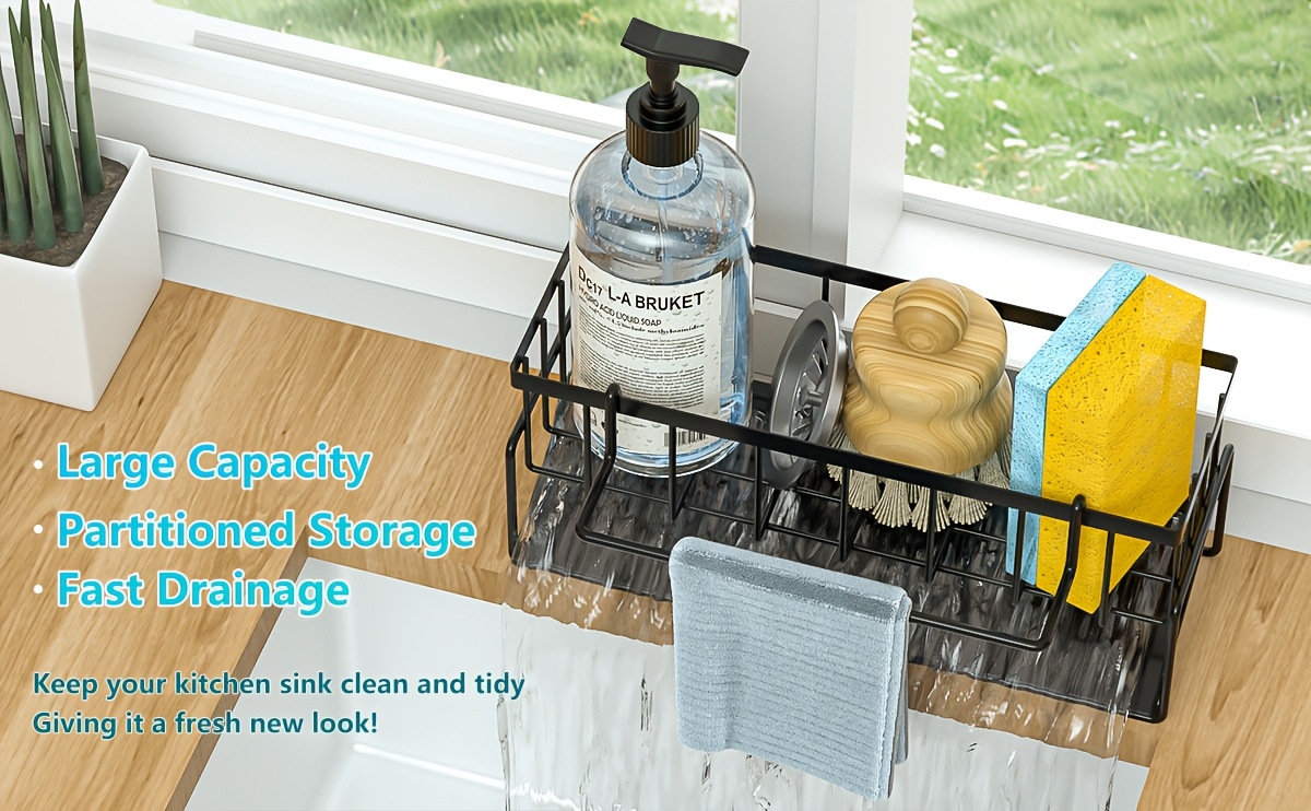 1pc Premium Kitchen Sink Caddy - Integrated Sponge Holder - Multipurpose Kitchen Countertop Organizer for Dishcloth, Dish Soap, Brushes - Space-Saving Kitchen Organizer Rack, Kitchen Accessories