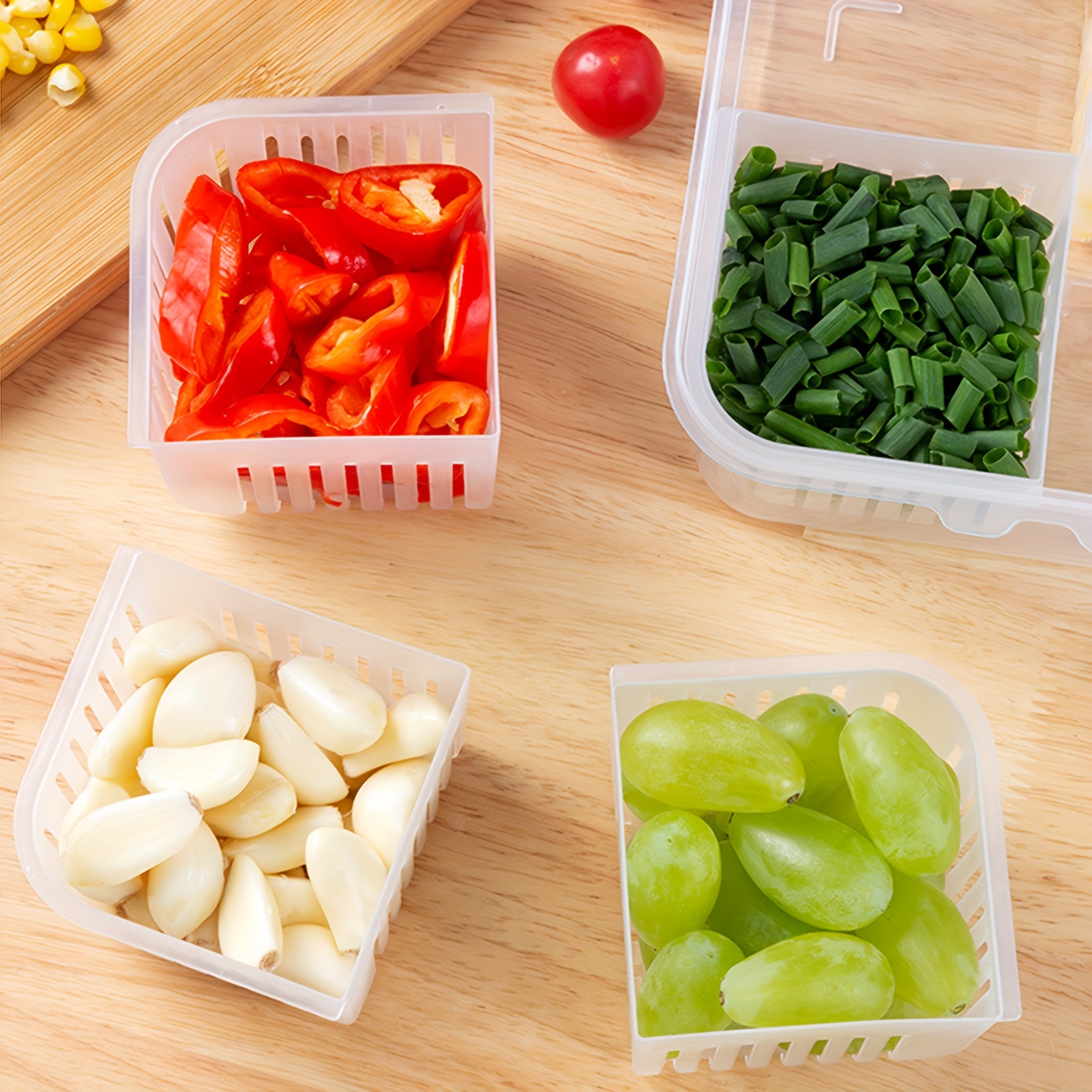 4-Compartment Food Storage Container with Drainage and Flip Top Lid, Hand Wash Plastic Multipurpose Organizer, Reusable Square Clear Partitioned Refrigerator Crisper with Detachable Sections for Salad, Fruits, Vegetables, Condiments