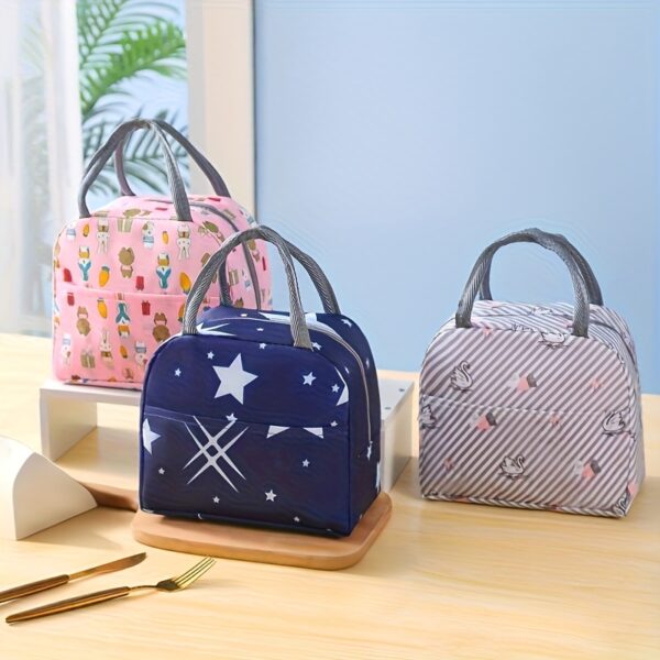 Portable Insulated Lunch Bag with Star and Flower Patterns - Oxford Fabric, Square Shape, Hand Washable, Non-Food Contact, Blue with White Stars and Floral Design, Food Contact Safe | Stylish Lunch Bag | Oxford Fabric Bag, Lunch Bag Insulated