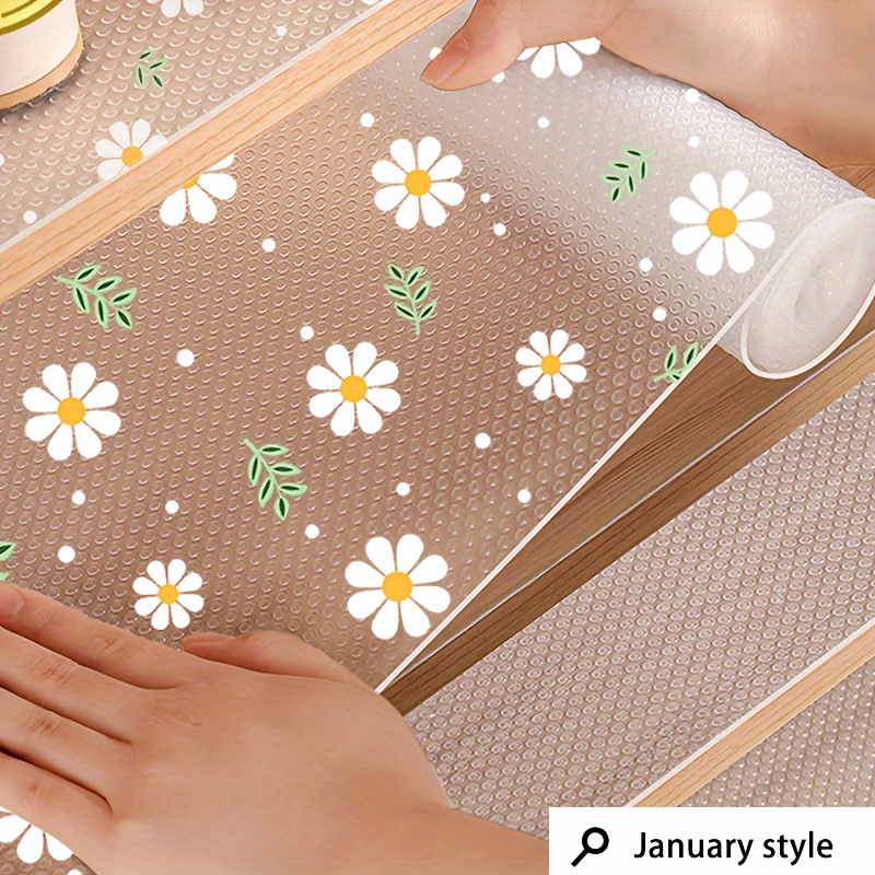 1 Roll EVA Shelf Liner with Fresh Floral Design - Non-Slip, Moisture-Proof, Dust-Proof, Oil-Resistant for Kitchen, Wardrobe, Shoe Cabinet - Easy to Cut & Clean
