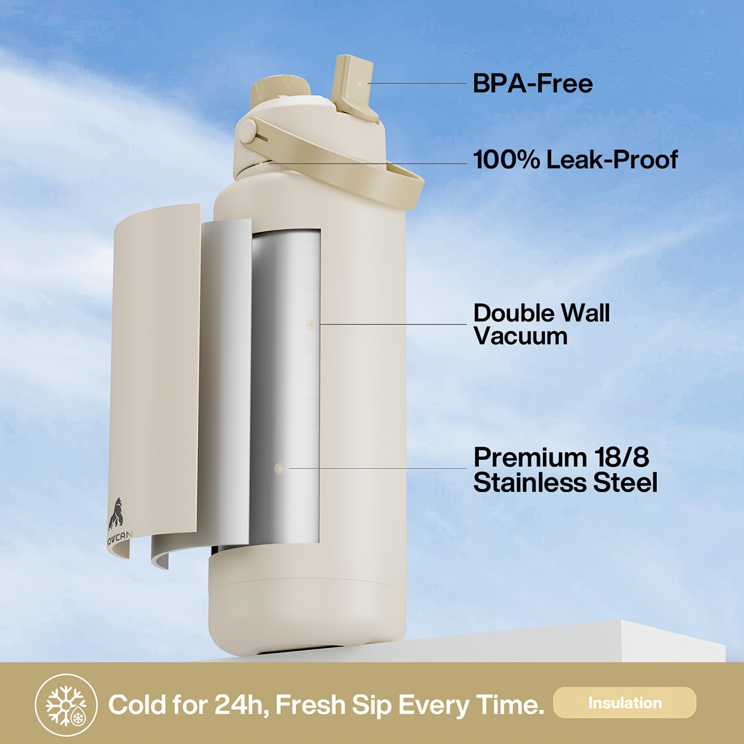 POWCAN 40oz Stainless Steel Insulated Water Bottle with Straw, Reusable, Leak Proof Sports Jug, Multipurpose, Hand Wash Only - Round Shape No Electricity Needed