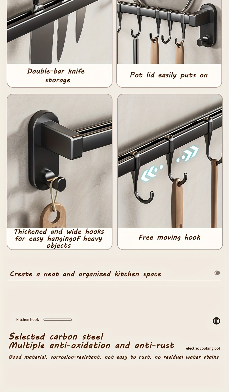 1pc Multifunctional Kitchen Storage Rack - Durable Plastic Wall-Mounted Organizer with Nail-Free Adhesive & Perforated Screws, Widened Raised Design for Utensils, Knives, Seasonings, Chopsticks, Rags - Space-Saving Kitchen Organization, Sleek Modern Look | Sturdy Construction, Kitchen Organizers And Storage