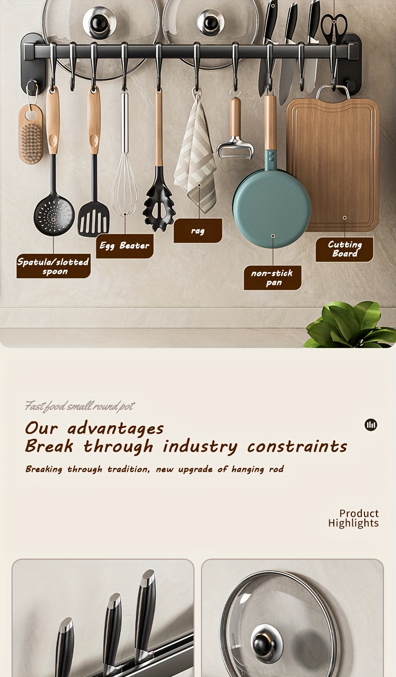 1pc Multifunctional Kitchen Storage Rack - Durable Plastic Wall-Mounted Organizer with Nail-Free Adhesive & Perforated Screws, Widened Raised Design for Utensils, Knives, Seasonings, Chopsticks, Rags - Space-Saving Kitchen Organization, Sleek Modern Look | Sturdy Construction, Kitchen Organizers And Storage