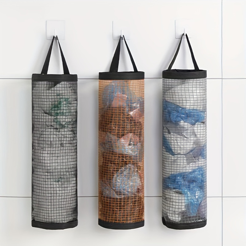 Wall-Mounted Mesh Plastic Bag Dispenser - Multi-Purpose Kitchen & Living Room Organizer for Grocery Bags, Reusable Shopping Bag Holder with Drawstring Closure, Black & White Grid Design, Durable Nylon Material, Space-Saving Storage Solution, Grocery Bag Holder