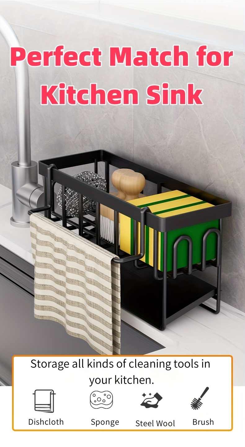 Versatile Kitchen Sink Organizer with Towel Rack - Metal Sponge Holder, Dish Soap Caddy & Self-Draining Tray - Black and White
