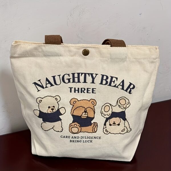 Canvas Lunch Bag - Animal Theme Naughty Bear Three Design, Durable Square Hand Washable Tote for Students & Office Workers