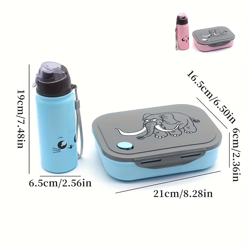 Insulated Lunch Box with Water Bottle - 4-Compartment Microwave-Safe Food Container, Food-Grade PP Bento Box with Cute Elephant Design, Portable Rectangular Lunch Tote for School, Work, Outdoor (Light Blue & Pink),back to school