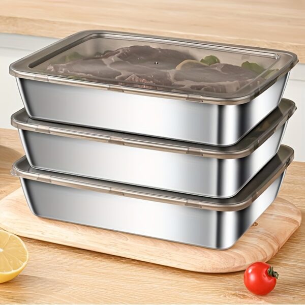 2/3 Sets of Leak-Proof Stainless Steel Food Storage Containers - BPA Free, Reusable and Stackable, Durable Airtight Kitchen Fruit, Meat, Vegetable Storage Containers - Easy to Clean, Modern Design, Perfect for Dining Room, Refrigerator, Freezer Meal Preparation