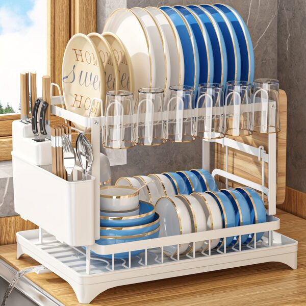 Spacious 2-Tier White Dish Rack with Blue Accents - Multipurpose Kitchen Counter Organizer with Drainboard, Cup Holder & Utensil Slot, Rust-Proof Metal, Space-Saving Design