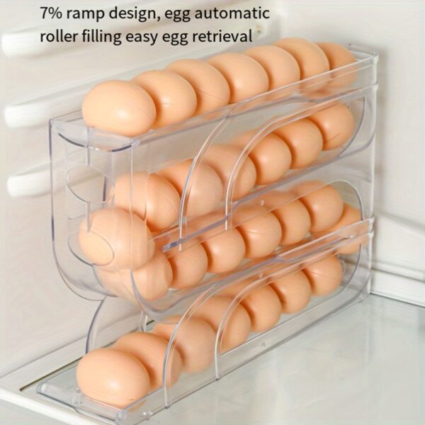 3-Tier Modern Sliding Egg Holder - Clear Plastic, Space-Saving & Shatterproof Refrigerator Side Door Storage Rack with Automatic Rolling Feature for Easy Access to Eggs, Perfect for Kitchen Organization, Egg Holder for Refrigerator