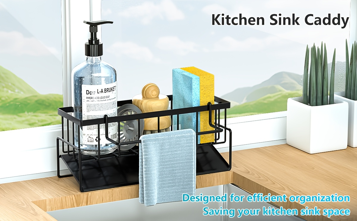 1pc Premium Kitchen Sink Caddy - Integrated Sponge Holder - Multipurpose Kitchen Countertop Organizer for Dishcloth, Dish Soap, Brushes - Space-Saving Kitchen Organizer Rack, Kitchen Accessories