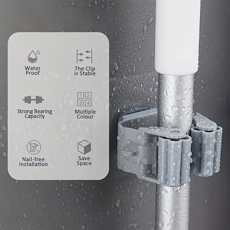 Mop Hook, No Drilling, Strong Adhesive Mounting Bracket, Wall Hanging, Toilet Brush, Mop Clip, Clip, Storage Device Three Colors