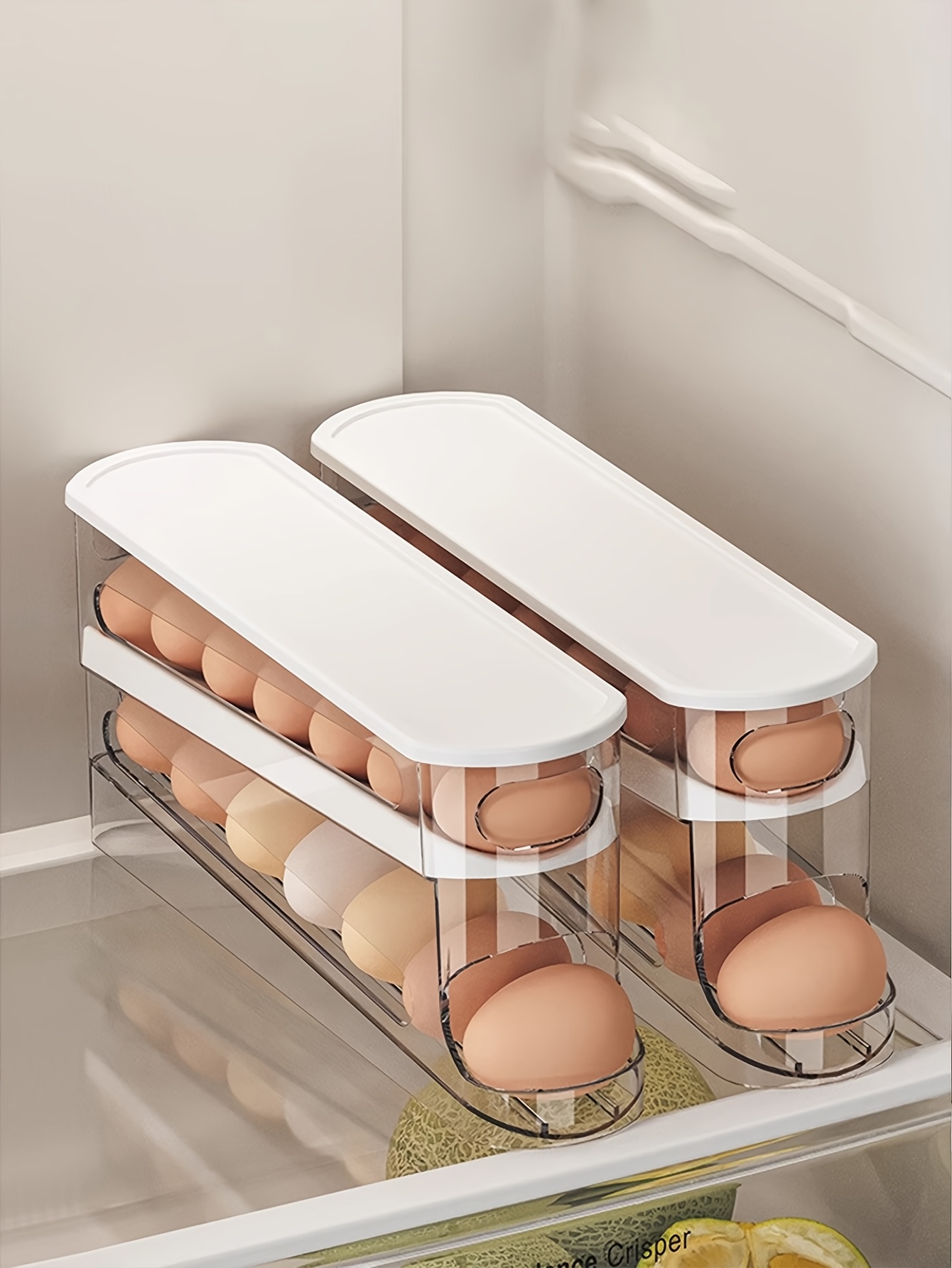 12-14 Eggs Automatic Double-Layer Sliding Egg Storage Container, Hinged Design, Fresh Egg Keeper, Plastic Material, Non-Contact with Food, with Refrigerator Space Saver Egg Rack for Kitchen