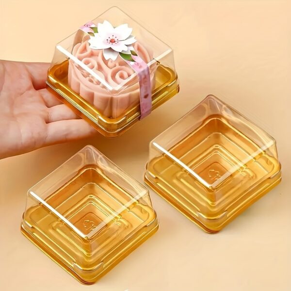50pcs Disposable Golden Square Cake Packaging Box - Luxurious Gift Cake Box with Mooncake Insert and Sturdy Thickened Baking Blister Construction - Perfect for Mothers Day, Fathers Day, Wedding Party, Birthday Celebrations and Small Cake Gifting