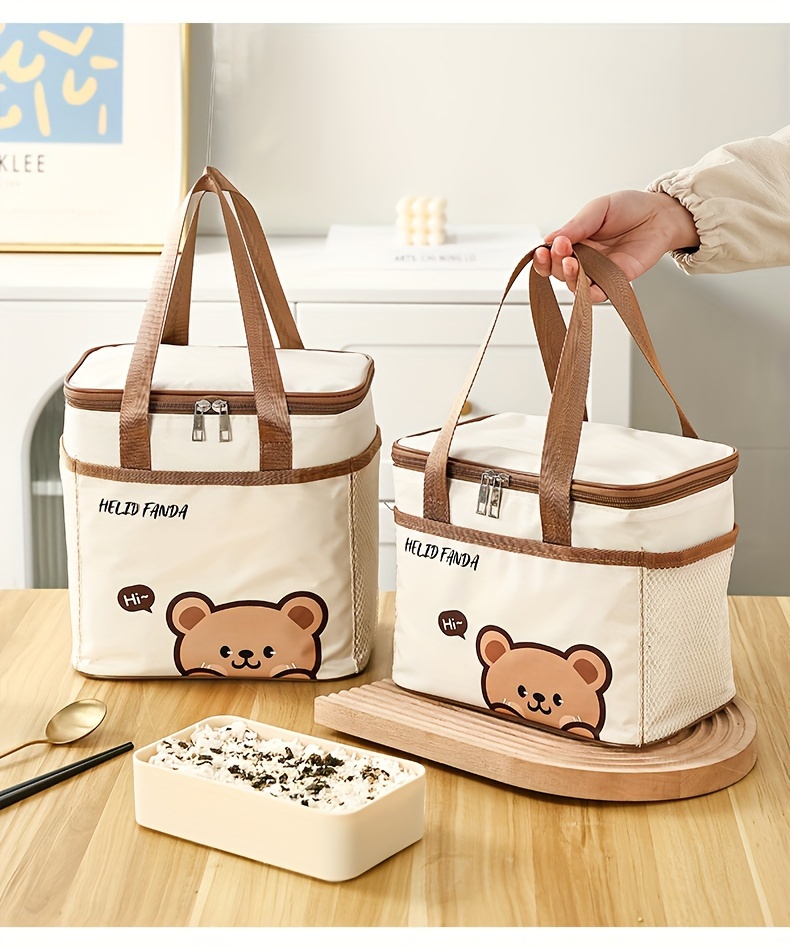 1pc Non-food contact Large Capacity Insulated Lunch Bag - Portable, Dust & Waterproof Bento Box Carrier with Cute Bear Design, Durable Oxford Fabric, Brown Faux Leather Handles & Zipper Closure, Perfect for Students & Adults, Student Lunch Bag | Rectangular Lunch Bag | Durable Lunch Bag