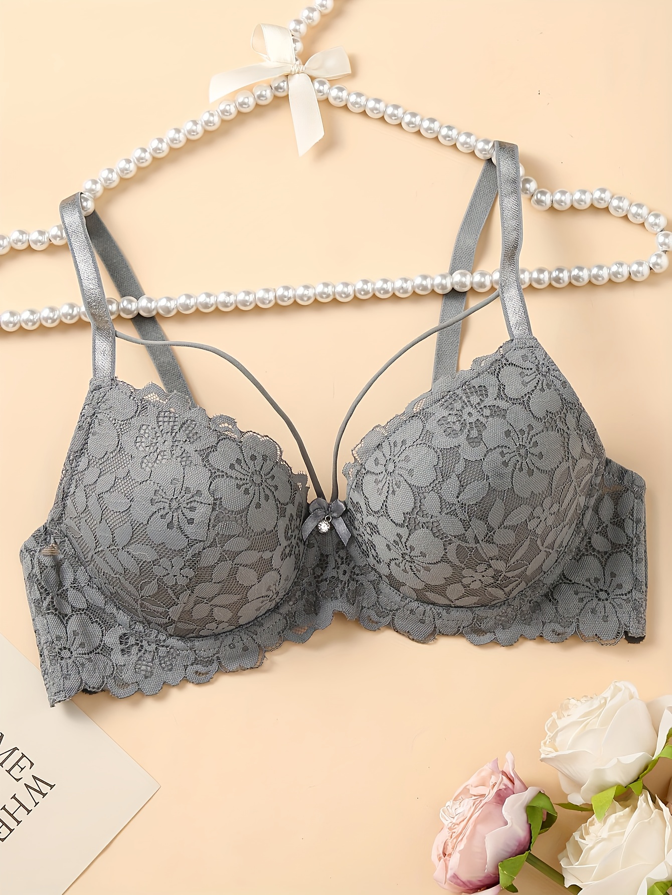 Women's Sexy Lace Bra with Underwire - Floral Lace Front, Thin Comfort Cups, Bow Accents & Adjustable Straps - Breathable Soft Pink Non-Removable Padding for Everyday & Special Occasions