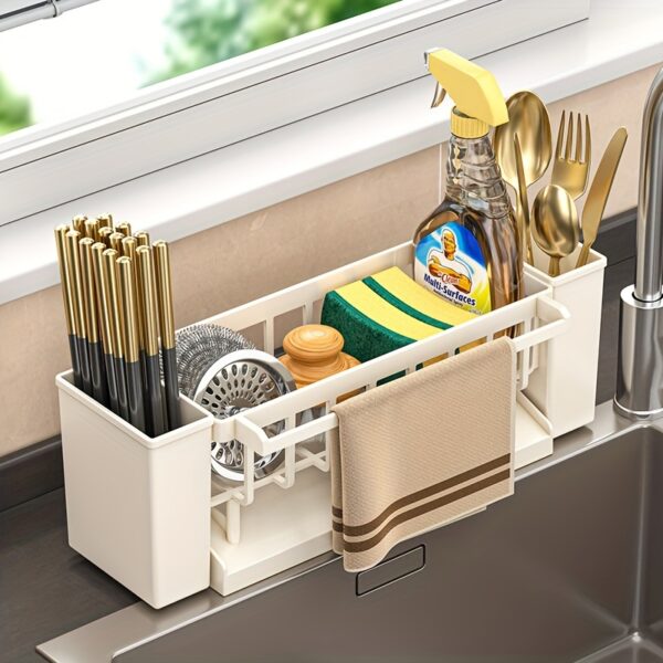 Kitchen Towel Rack Plastic Material Sink Drainer Basket Countertop Multi-Functional Sponge Holder Dish Soap Storage Rack Kitchen Drainage Organizer Steel Wire Ball Dish Basin Storage Shelf