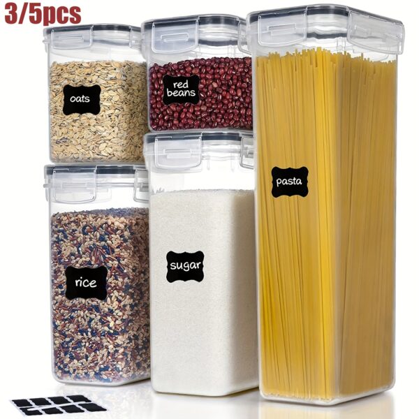 3/5pcs Airtight Food Storage Containers Set with Lids Plastic Dry Food Canisters for Kitchen Pantry Organization - Cereal, Flour, Pasta, Snack and Sugar Containers, Dishwasher safe,Include Labels, Marker