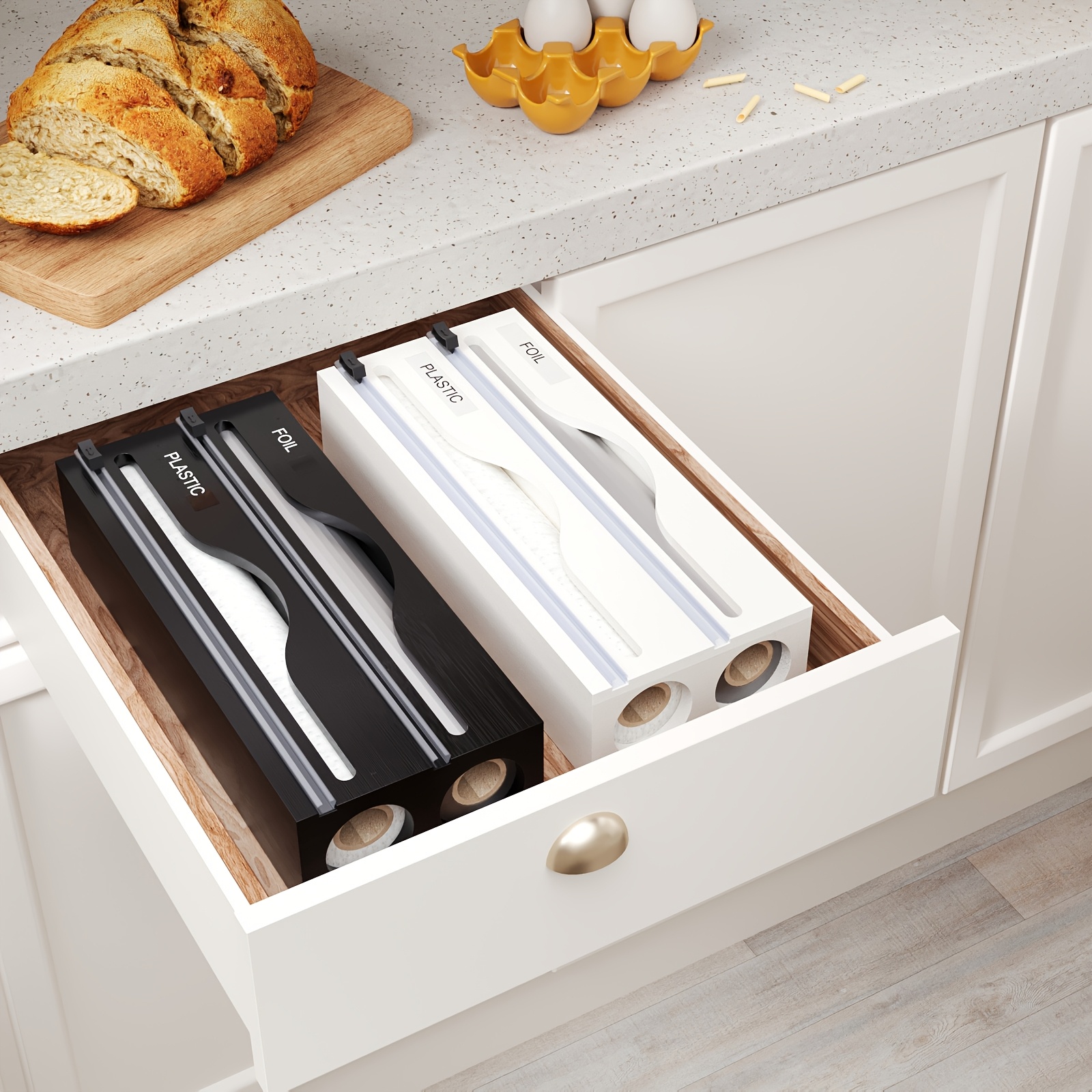 1pc 2-in-1 Bamboo Wrap Dispenser with Cutter & Labels - Multi-Compartment Kitchen Organizer for Wraps, Slices, and Wraps - Includes Aluminum Foil & Wax Paper - Perfect for Kitchen Drawers, Black/White, Kitchen Organizers And Storage