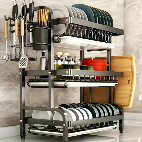 Dish Drying Rack, Space Saving Dish Rack, Dish Racks For Kitchen Counter With Cutting Board, 3 Tier Kitchen Drying Rack With A Cutlery Holder, Drying Rack For Dishes, Knives, Spoons, And Forks