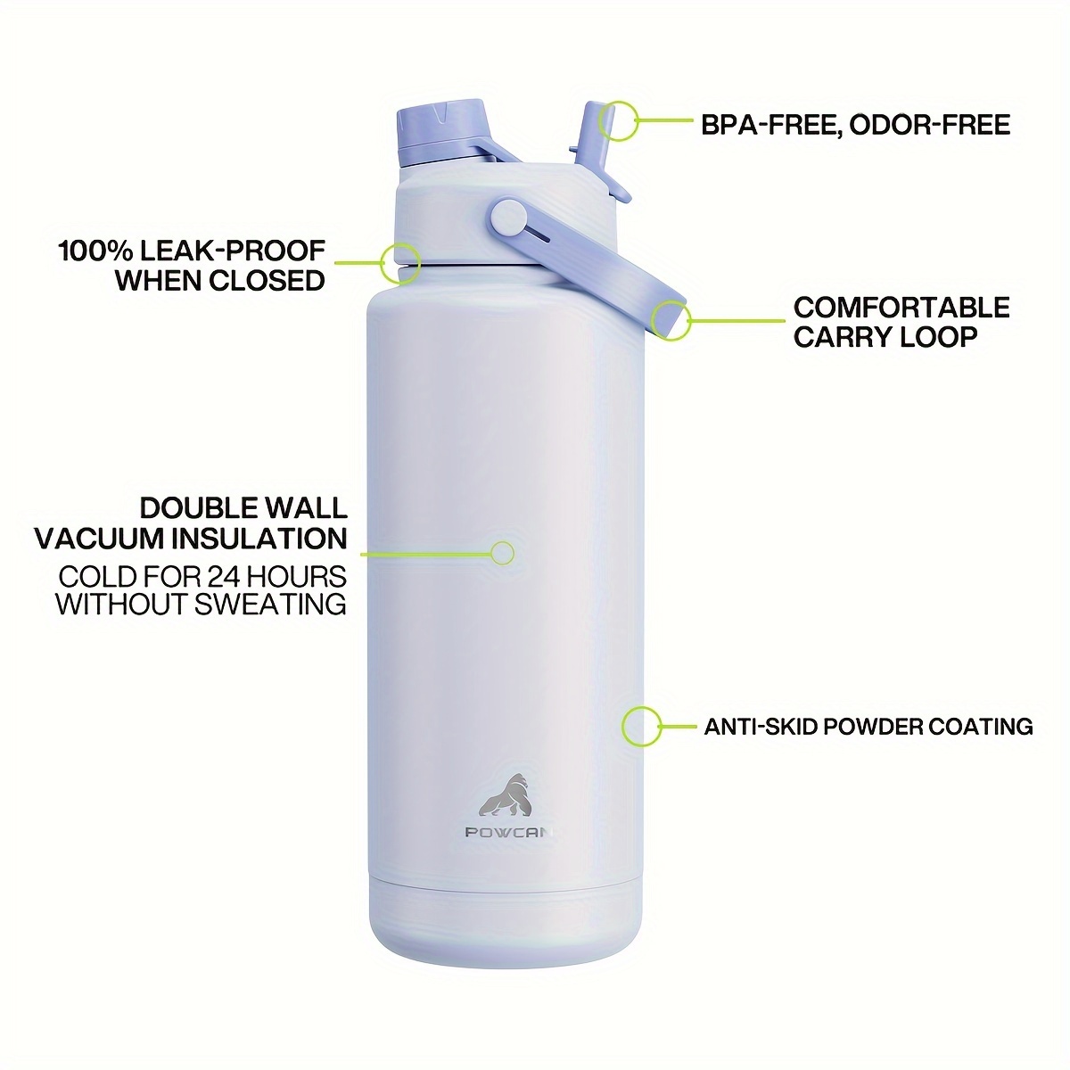 POWCAN 40oz Stainless Steel Insulated Water Bottle with Straw, Reusable, Leak Proof Sports Jug, Multipurpose, Hand Wash Only - Round Shape No Electricity Needed