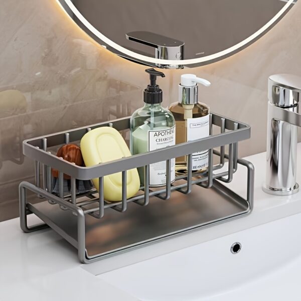 1pc Stylish Iron Metal Square Sponge Holder with Built-In Drainage Rack, Space-Saving Countertop Organizer for Soap, Towels, Shampoo, Brushes, Sponges, and Conditioner, Durable and Rust-Resistant, Suitable for Bathroom and Kitchen, Home Accessories, Kitchen Essentials, Bathroom Accessories