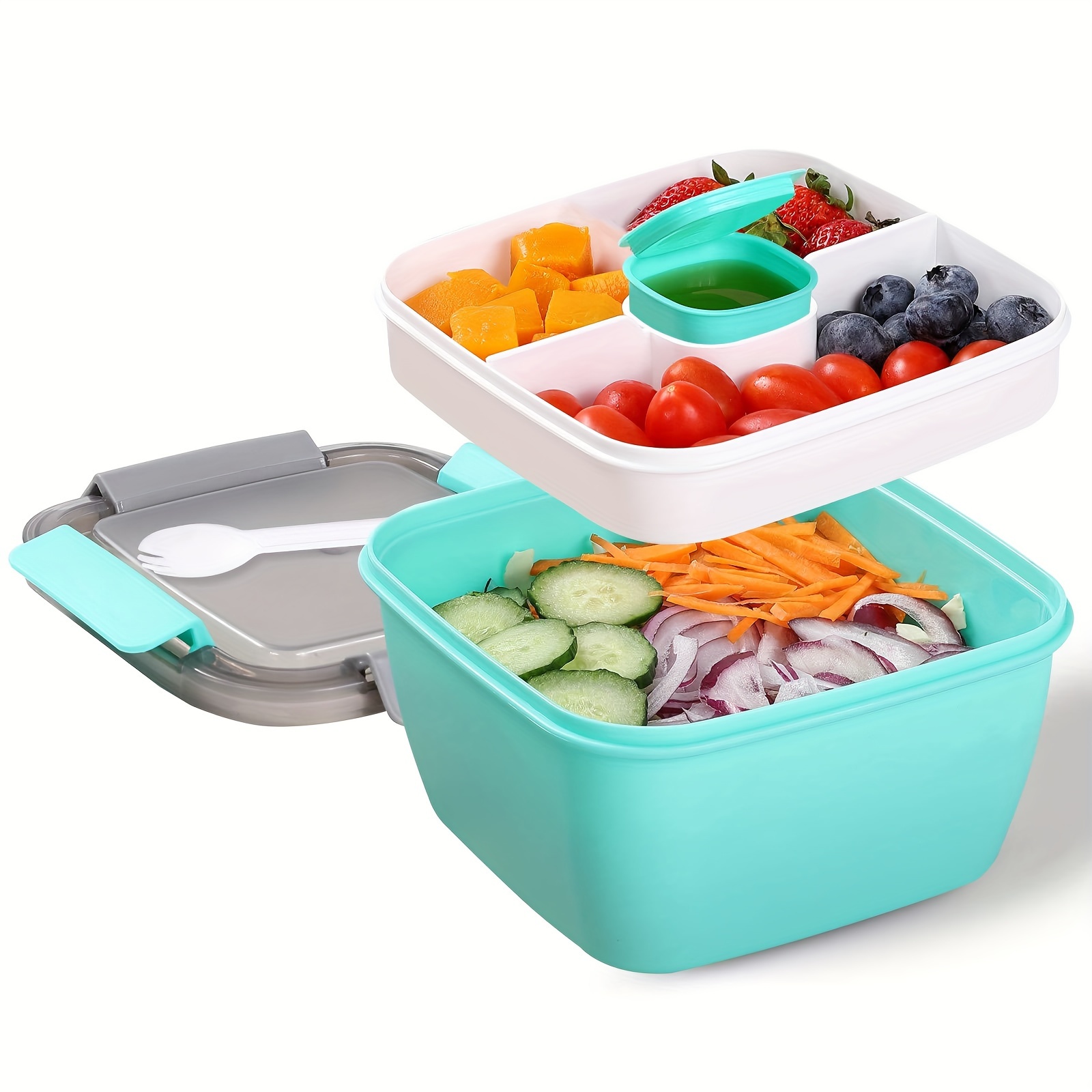 1pc Salad Box 1100ML, Portable Salad Lunch Container, 2 Compartments with Dressing Cup, Large Bento Boxes, Meal Prep to Go Containers for Food Fruit Snack,Back to School