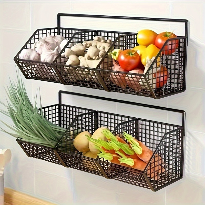 Modern Wall-Mounted Kitchen Storage Basket - Durable Metal Wire Hanging Spice Organizer for Garlic, Onions, and Vegetables - Multipurpose Home Organization Shelf, No Metal Pipe Included, Utility Racks