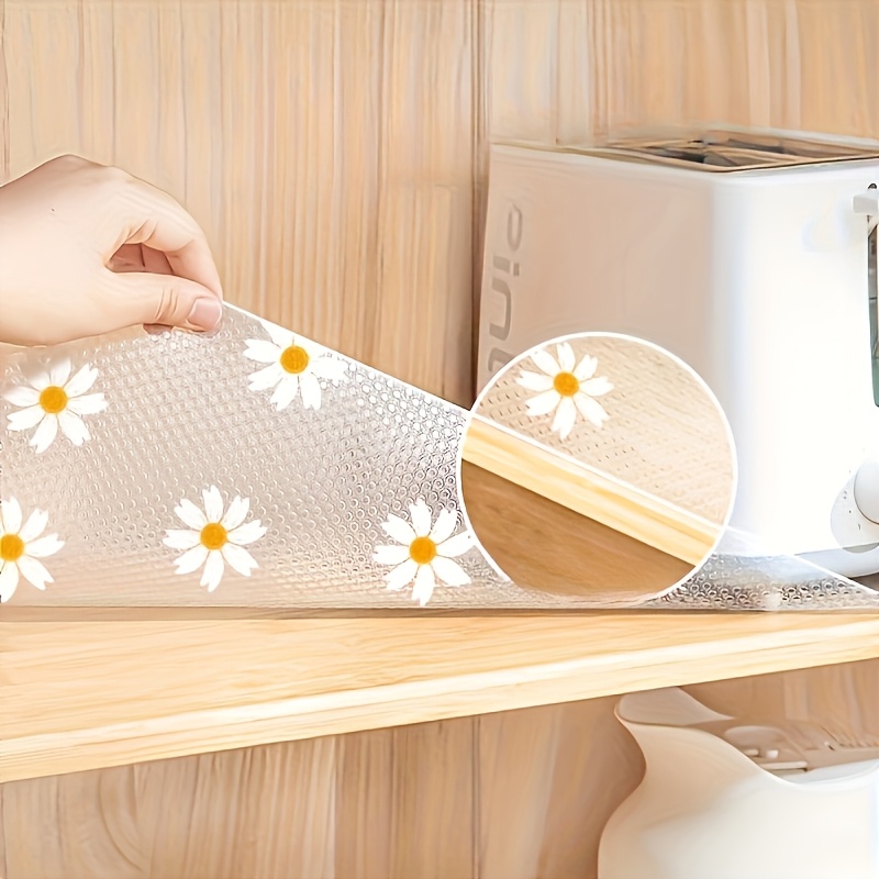 1 Roll of Non-Slip Plastic Shelf Liner - Multipurpose Cabinet and Drawer Matting with Daisy Design, Ideal for Kitchen, Refrigerator, and Table Use, Refrigerator Liner | Decorative Shelf Liner | Easyclean Material, Shelf Liners for Kitchen Appliances