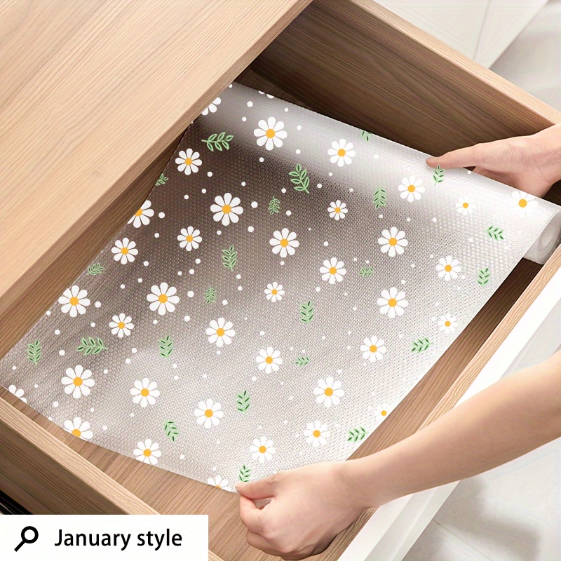 1 Roll EVA Shelf Liner with Fresh Floral Design - Non-Slip, Moisture-Proof, Dust-Proof, Oil-Resistant for Kitchen, Wardrobe, Shoe Cabinet - Easy to Cut & Clean
