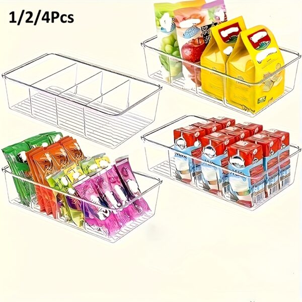 1/2pcs Storage & Organization, Food Storage Organizer Bins, Clear Plastic Removable Snack Organizer, Pantry Organization Storage Racks With 3 Dividers, For Kitchen Cabinets Snacks, Packets, Spices, Kitchen Supplies