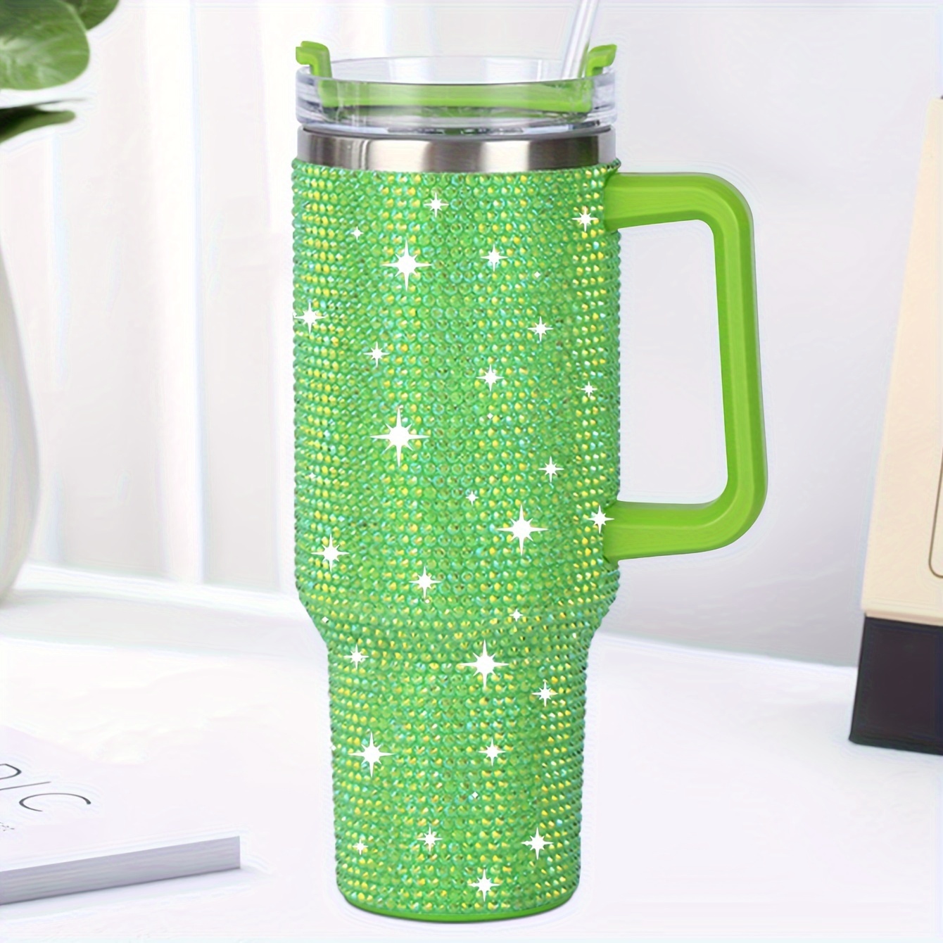 1pc Shiny Rhinestone 40 Oz Tumbler With Handle, Stainless Steel Insulated Travel Coffee Mug Double Wall Leak Resistant Vacuum Tumbler With Straw Portable Tumbler, Summer Drinkware, Home Kitchen Items, Birthday Gifts Back To School Supplies