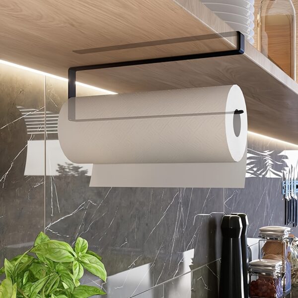 1pc Under Cabinet Kitchen Roll Holder, No Drilling Required, Space Saving, Modern Stainless Steel Paper Towel Rack, Durable Wrought Iron, Thickened Flat Wire With Rounded Edges & Tall Hook Design