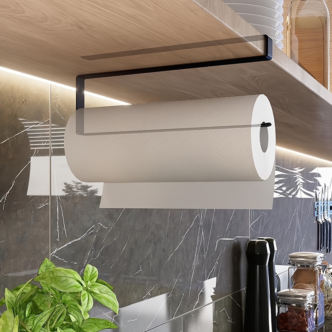 1pc Under Cabinet Kitchen Roll Holder, No Drilling Required, Space Saving, Modern Stainless Steel Paper Towel Rack, Durable Wrought Iron, Thickened Flat Wire With Rounded Edges & Tall Hook Design