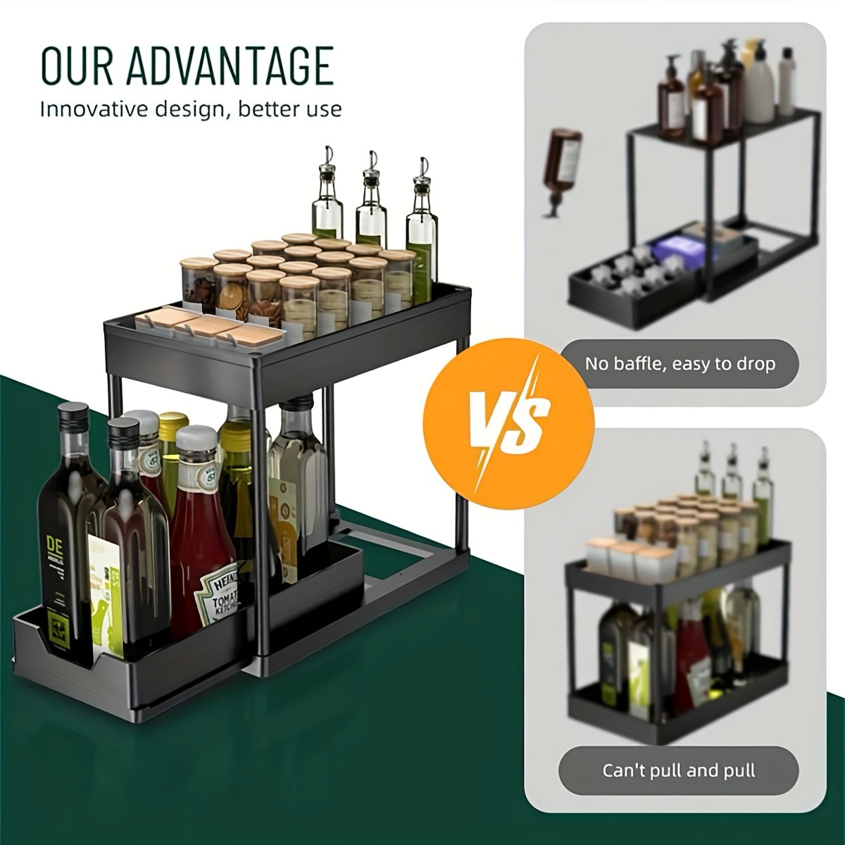 1pc Plastic Under Sink Organizers And Storage,Bathroom Organizer, 2-Tier Sliding Cabinet Basket Organizer With Hooks,Multi-Purpose Cabinet Organizer For Bathroom Kitchen