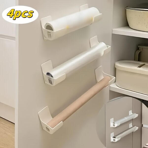4pcs Easy-Install, No-Drill Kitchen Storage Racks - Multi-Functional Plastic Organizers for Cling Film, Garbage Bags & More - Ideal for Cabinet Doors & Refrigerator Side - Keeps Essentials Neat & Accessible, Kitchen Organizers And Storage