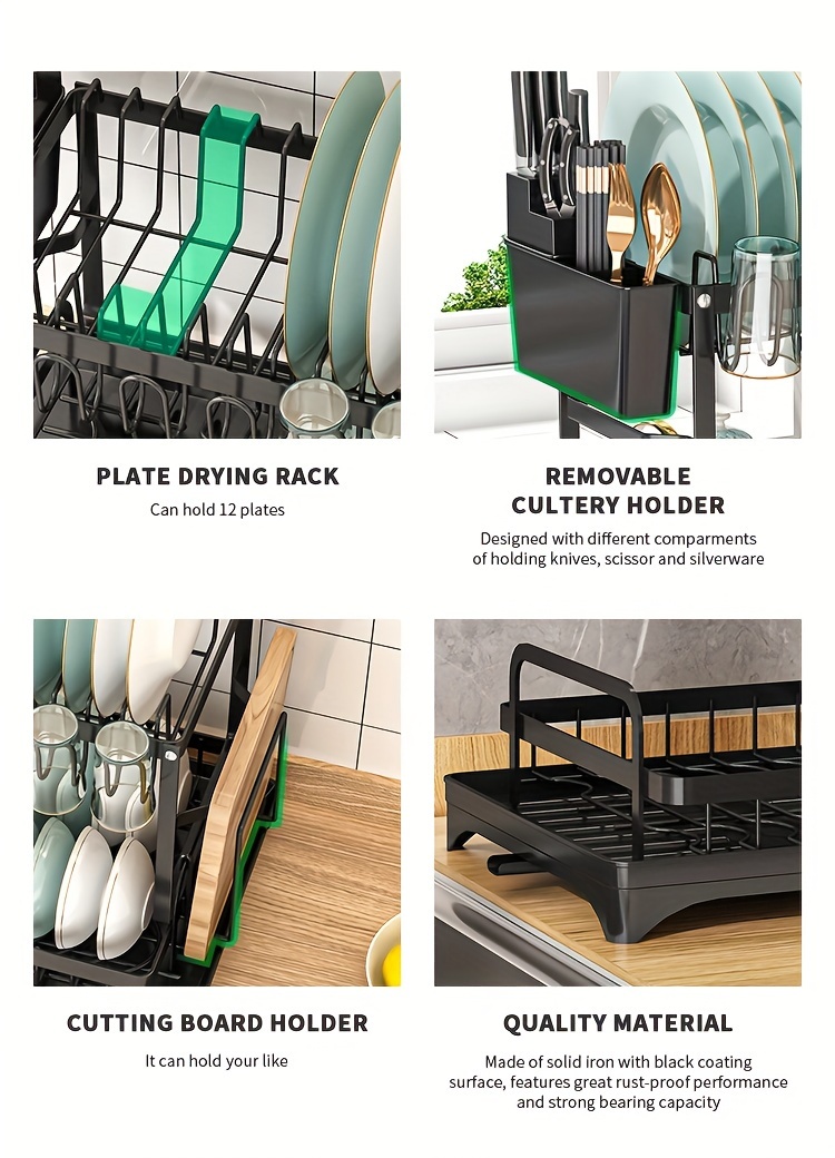 Spacious 2-Tier White Dish Rack with Blue Accents - Multipurpose Kitchen Counter Organizer with Drainboard, Cup Holder & Utensil Slot, Rust-Proof Metal, Space-Saving Design