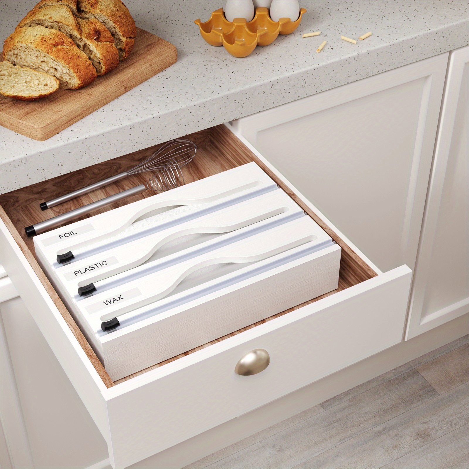 1pc Storage Box, 3 In 1 Bamboo Wrap Organizer With Cutter And Labels, Aluminum Foil Film Storage Dispenser, For Kitchen Drawer, Cabinet, Shelf And Counter, Kitchen Organizers And Storage, Kitchen Accessories