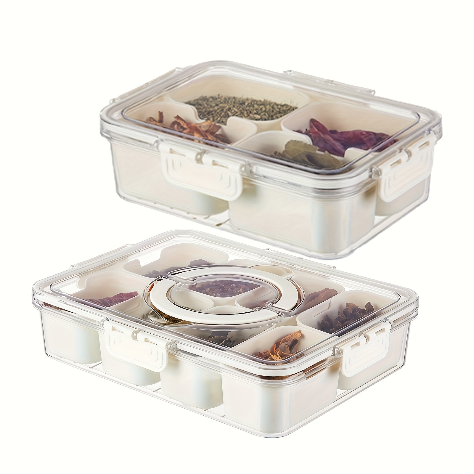 1pc Divided Serving Tray with Lid & Handle - Portable Plastic Veggie Tray, Party Platter, Food Storage Container Box with 8 Compartments for Candy, Fruits, Nuts, Snacks, Picnic, BBQ Condiments Storage | Rectangular Shape | Reusable Container