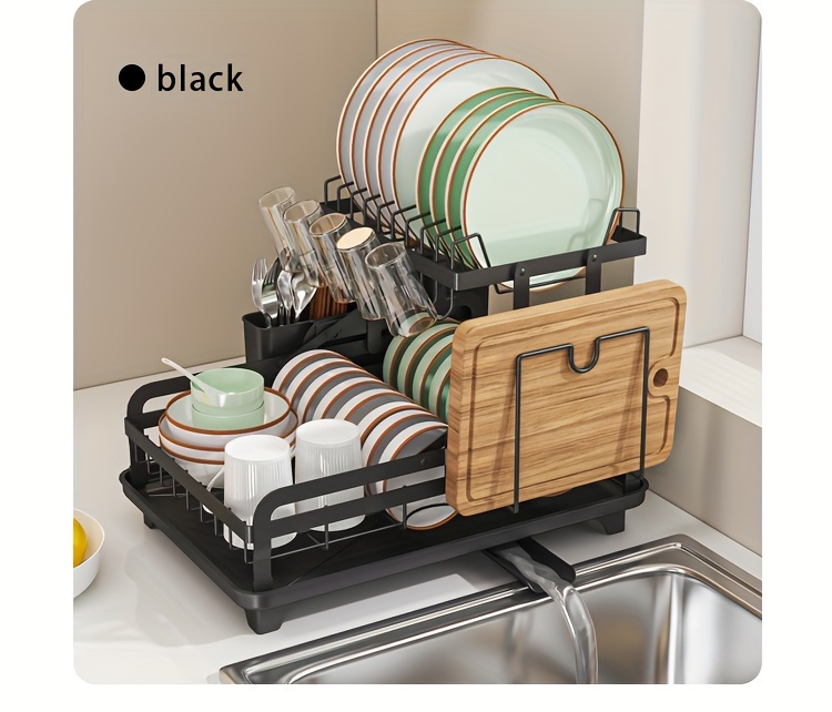 1pc Dish Drying Rack For Kitchen Countertop, Double Layers Large Capacity Dish Drying Rack With Drainboard Steel, Dish Drainer With Drainage Utensil Holder, For Dish, Knifes, Cup, Cutting Board (41.4 * 28.96 * 27.43cm), Kitchen Supplies