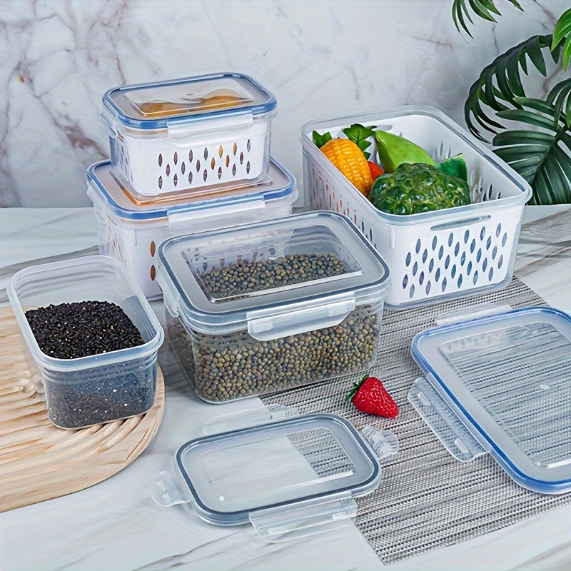 2/4pcs Storage Box, Multifunctional Leak-proof Reusable Food Storage Box, Double-layer Fresh-keeping Box Drain Basket, with Lid, Stackable Large Food Sealed Box, Suitable for Meat, Fruits and Vegetables, Kitchen Storage Box, Kitchen Accessories, Storage Bins for Home Organization