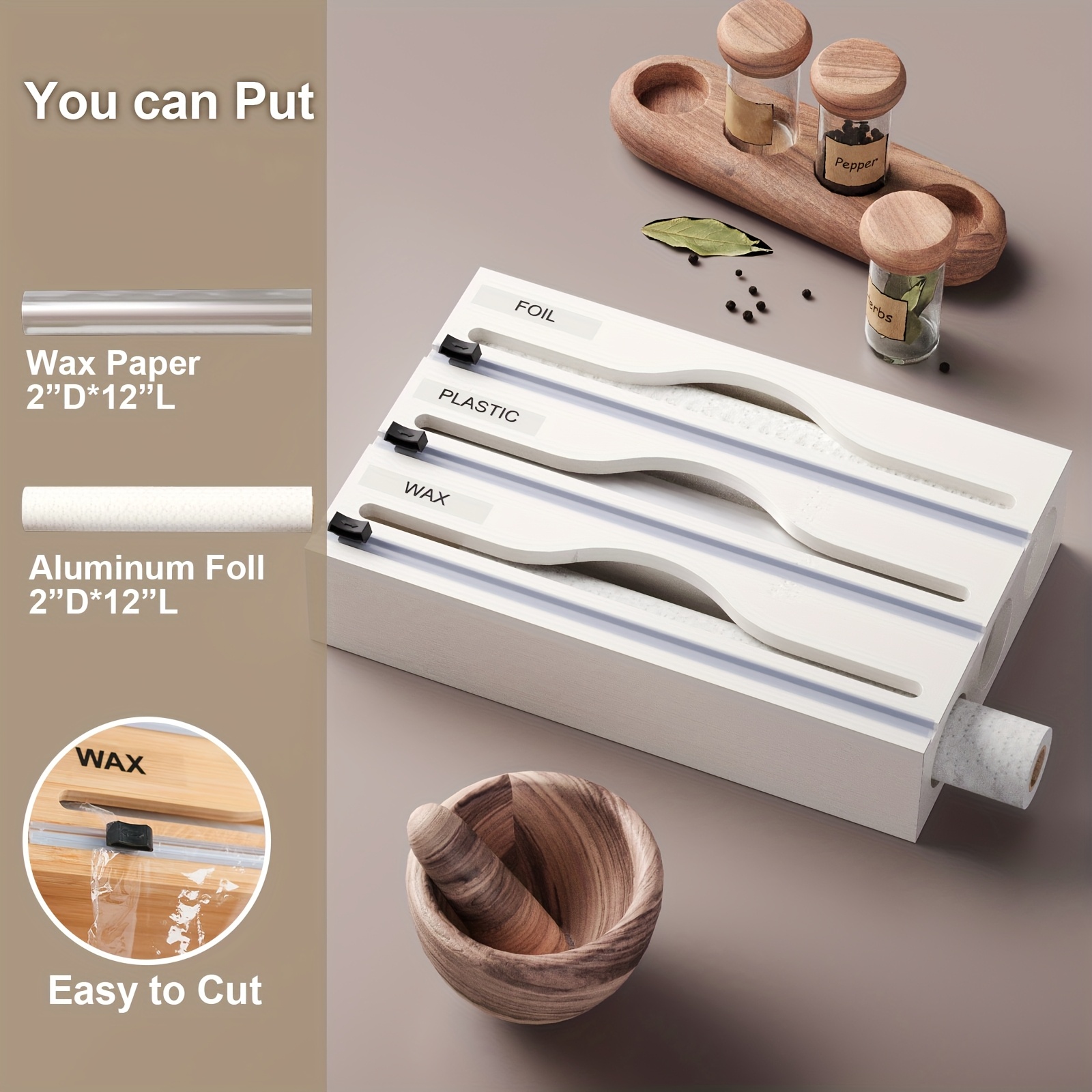 1pc Storage Box, 3 In 1 Bamboo Wrap Organizer With Cutter And Labels, Aluminum Foil Film Storage Dispenser, For Kitchen Drawer, Cabinet, Shelf And Counter, Kitchen Organizers And Storage, Kitchen Accessories