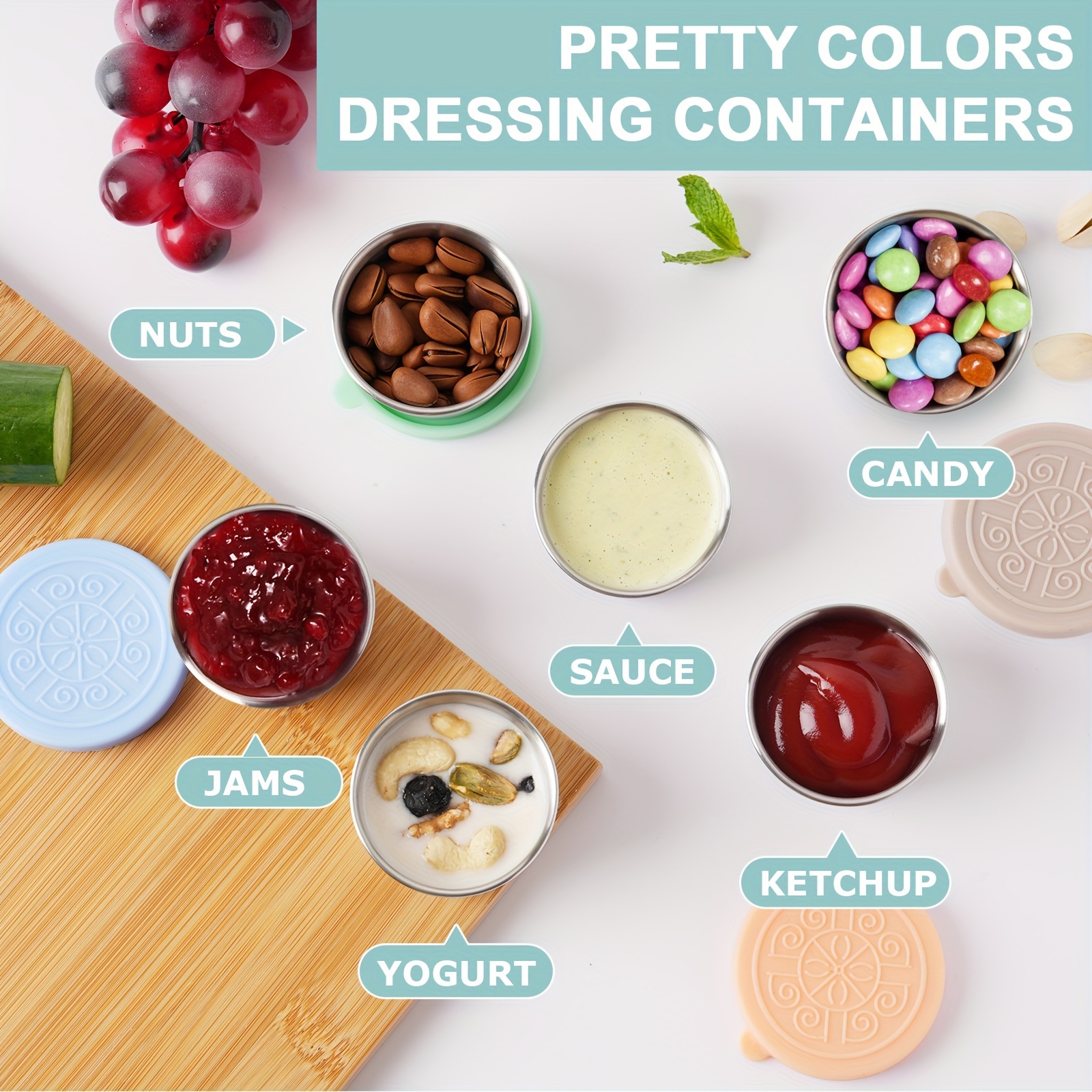 2/6x1.6oz Salad Dressing Containers with Lids, Small Leakproof Reusable Stainless Steel Salad Dressing Container to Go for Lunch Boxes, Sauce containers, Picnics, Travel Meal Prep And Kitchen Storage