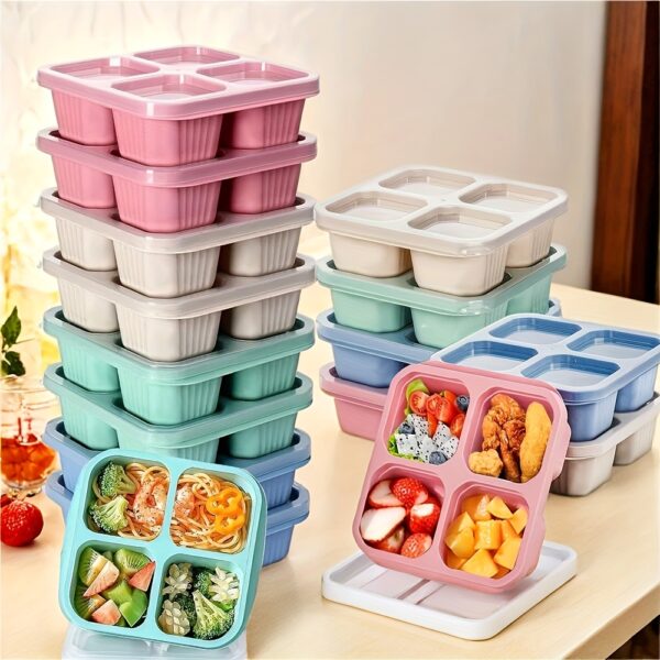 Bento Box Set (with Lid), 4 Compartment Food Storage Container, Leak-Proof Lunch Box with Anti-Slip Stripe Pattern, Meal Prep Lunch Box, PP Plastic Food Storage Container for Picnic, Camping, RV, Office, Microwave and Dishwasher Safe (4 Colors),back to school