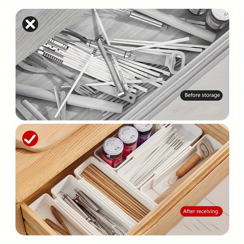 1/2 Retractable Drawer Classification Storage Box, Kitchen Tableware Bowl and Chopstick Divider Storage Box, Stationery Storage Container, for Home, Dormitory and Office