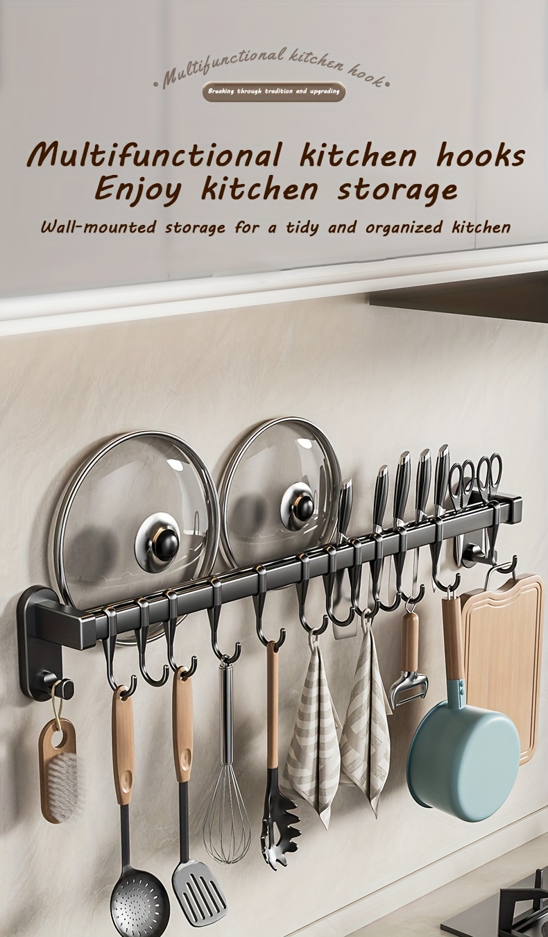 1pc Multifunctional Kitchen Storage Rack - Durable Plastic Wall-Mounted Organizer with Nail-Free Adhesive & Perforated Screws, Widened Raised Design for Utensils, Knives, Seasonings, Chopsticks, Rags - Space-Saving Kitchen Organization, Sleek Modern Look | Sturdy Construction, Kitchen Organizers And Storage