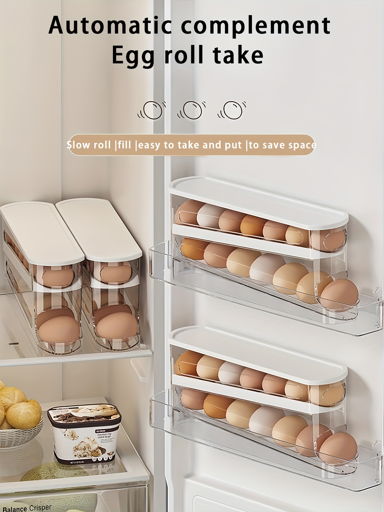 12-14 Eggs Automatic Double-Layer Sliding Egg Storage Container, Hinged Design, Fresh Egg Keeper, Plastic Material, Non-Contact with Food, with Refrigerator Space Saver Egg Rack for Kitchen
