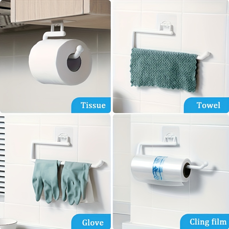 1pc No-Drill Kitchen Paper Towel Holder, Toilet Paper Holder, Paper Towel Holder Hook, Plastic Film Storage Rack, Cloth Storage Rack, Wall-Mounted Towel Bar, Kitchen and Bathroom Accessories - Two Colors Available